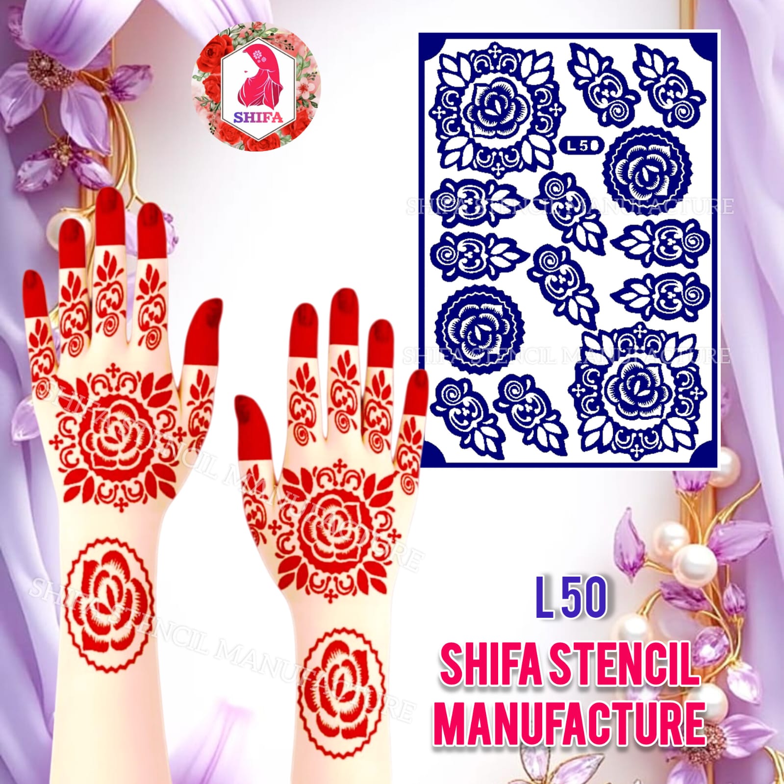 L50 – Blooming Rose Delight Sticker Overview Henna Stencil - Shifa Stencil
